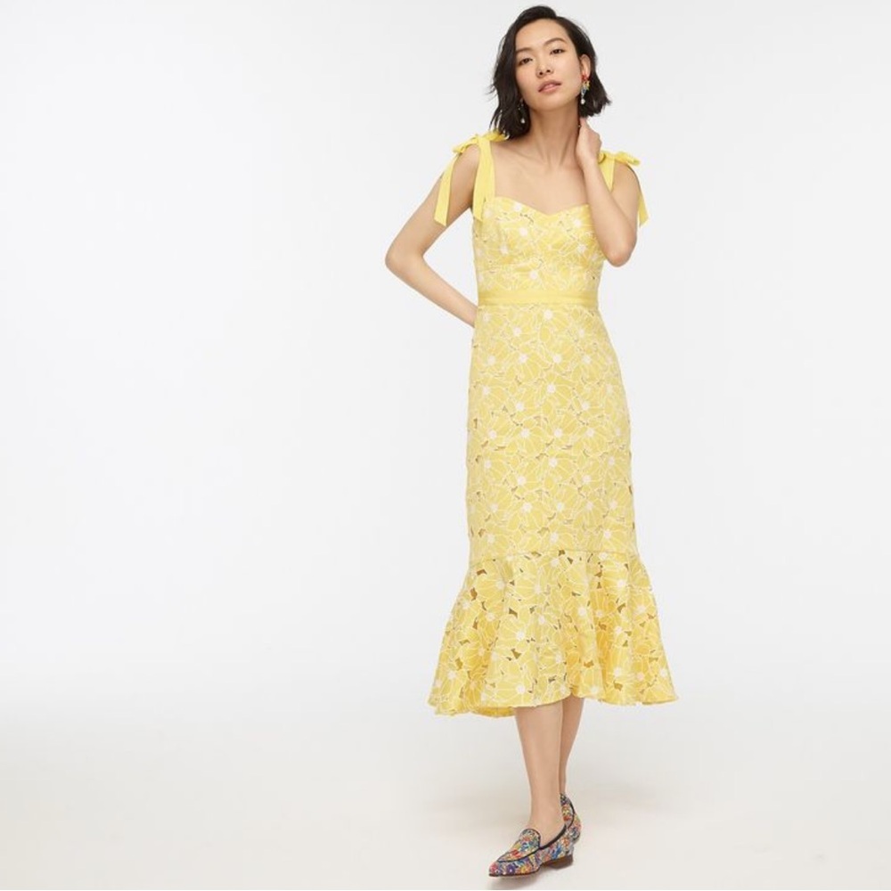 J. Crew Yellow Eyelet Midi Dress with Flounce Hem